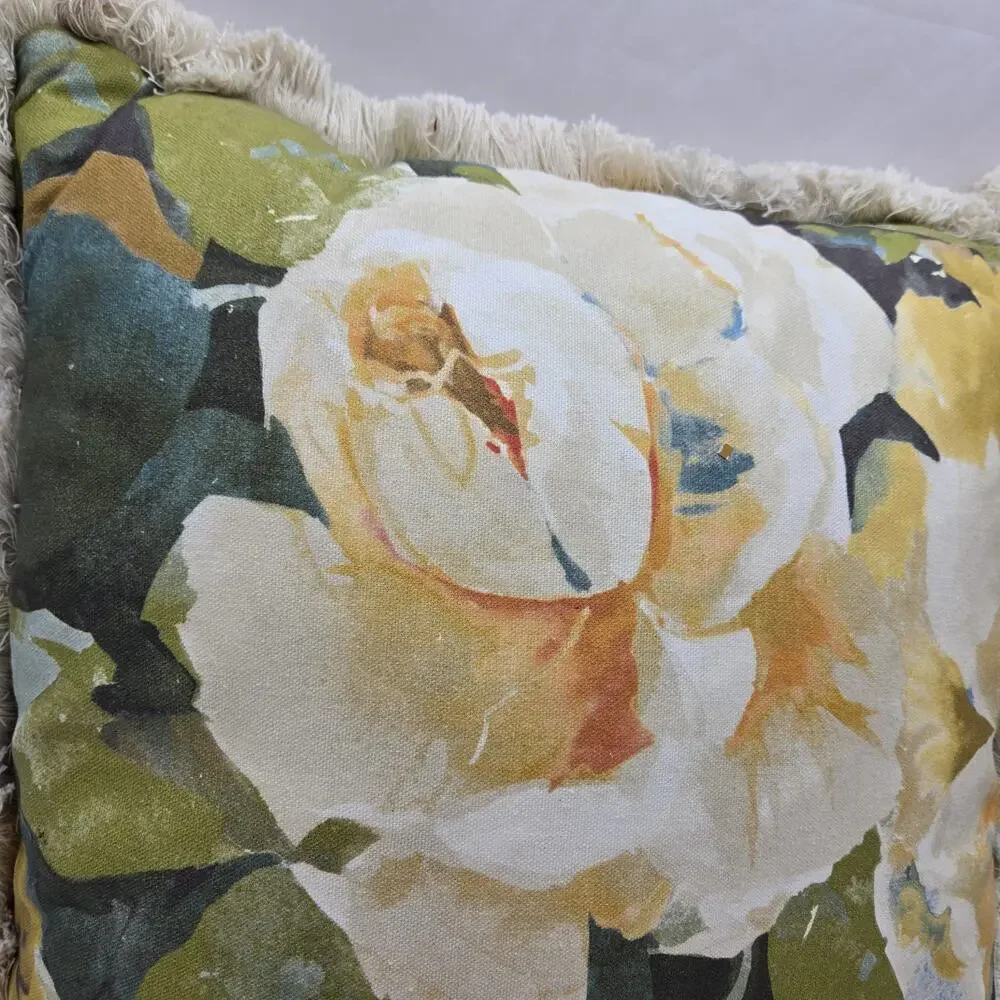 English Rose Watercolor Print Pillow W Fringe Made In England Duck Feather NEW
